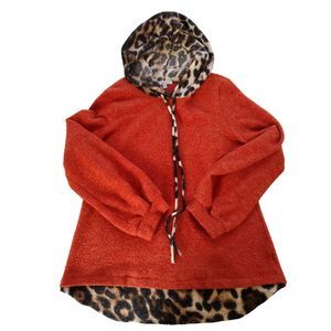 Women's Animal Print Hoodie Sweaters Casual Knit Pachwork Size M Orange Brown